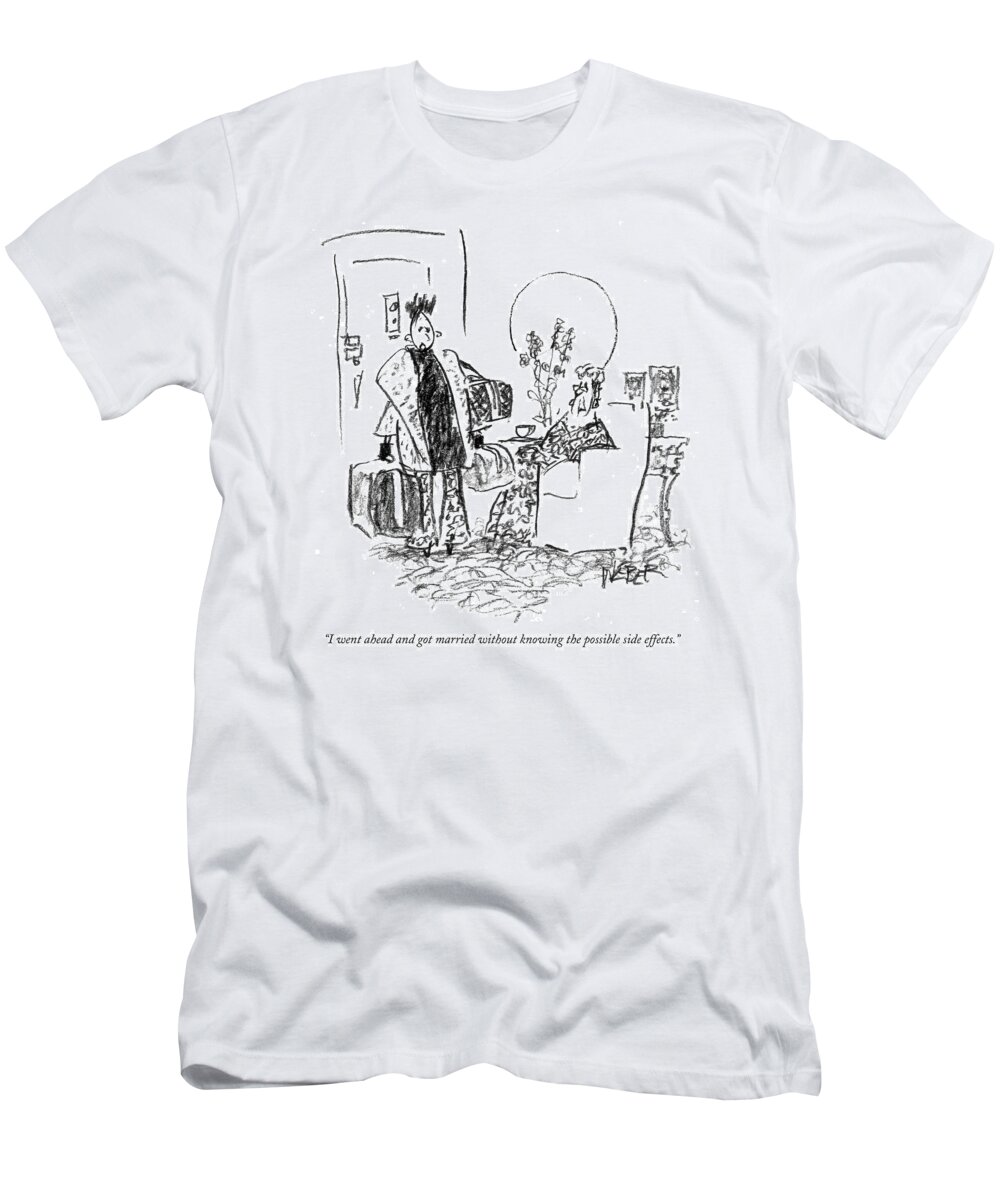 
(woman Leaving House With Luggage Talking To Older Woman.) 120812 Rwe Robert Weber Relationships Marriage Problems Word Play (daughter Returns Home T-Shirt featuring the drawing I Went Ahead And Got Married Without Knowing by Robert Weber