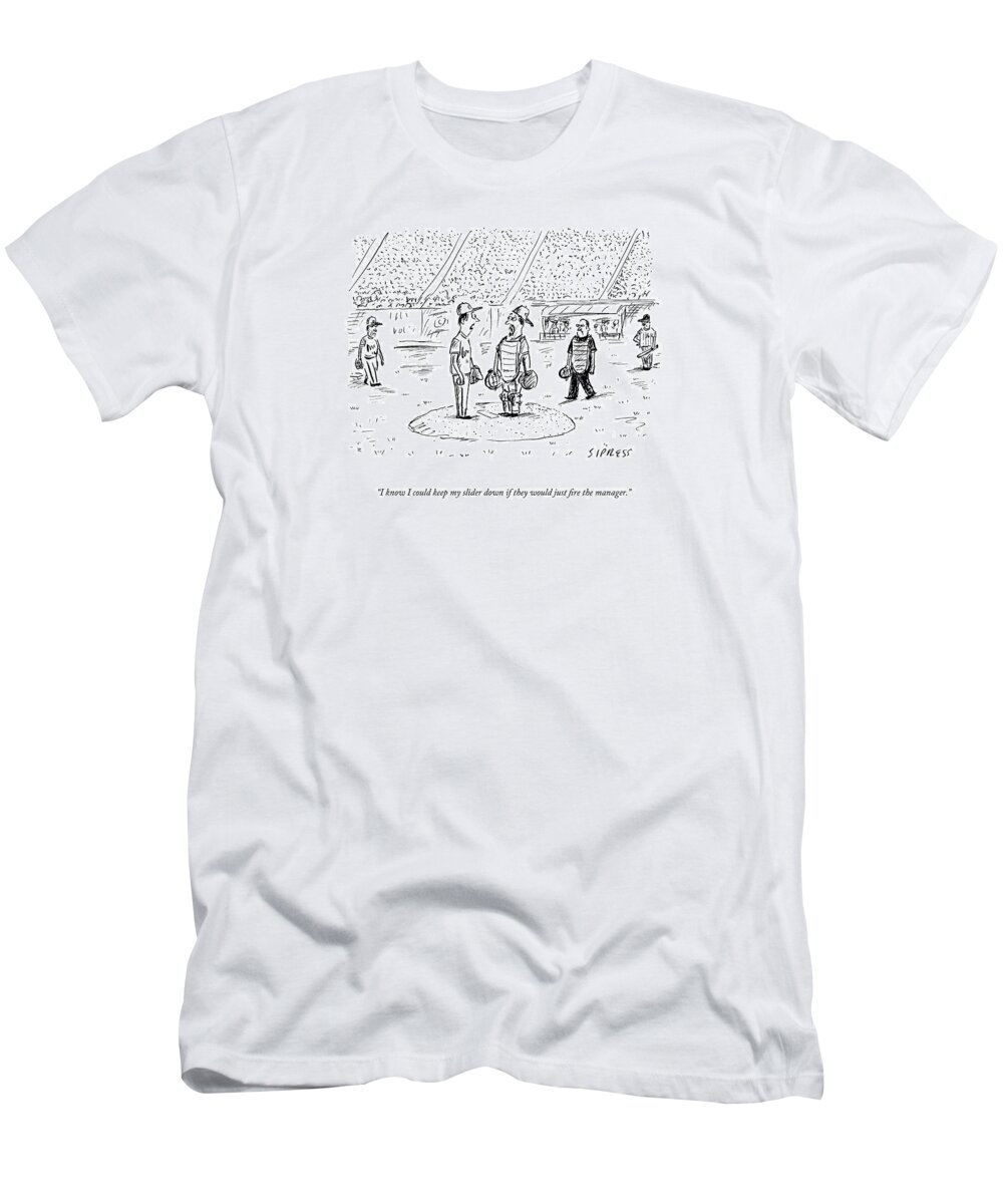 Baseball T-Shirt featuring the drawing I Know I Could Keep My Slider Down If by David Sipress
