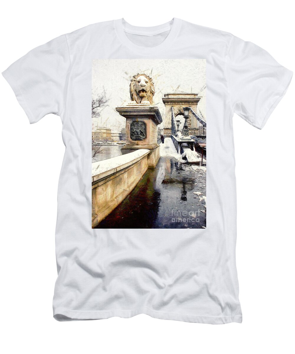  T-Shirt featuring the painting Chain bridge in Budapest #3 by Odon Czintos