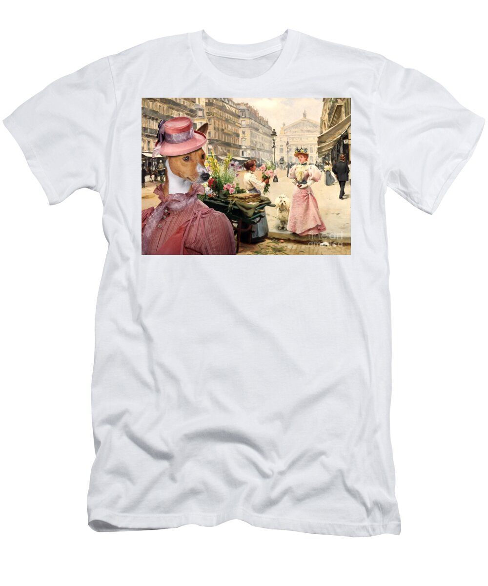 Basenji T-Shirt featuring the painting Basenji Print Flower seller by Sandra Sij