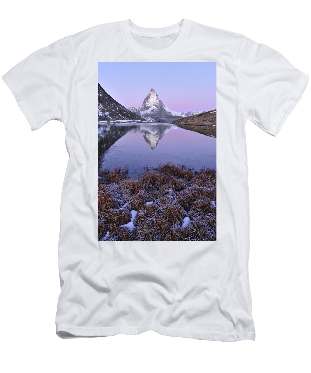 Feb0514 T-Shirt featuring the photograph The Matterhorn And Riffelsee Lake #4 by Thomas Marent