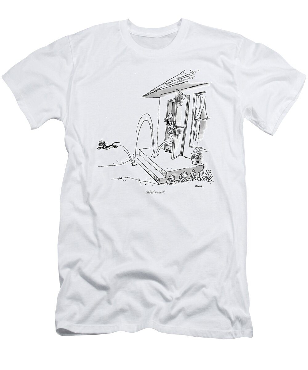 Pets Cats Sex 

(woman Yelling At Cat Who Is Bouncing Out The Door.) 121516 Gbo George Booth T-Shirt featuring the drawing Abstinence! by George Booth