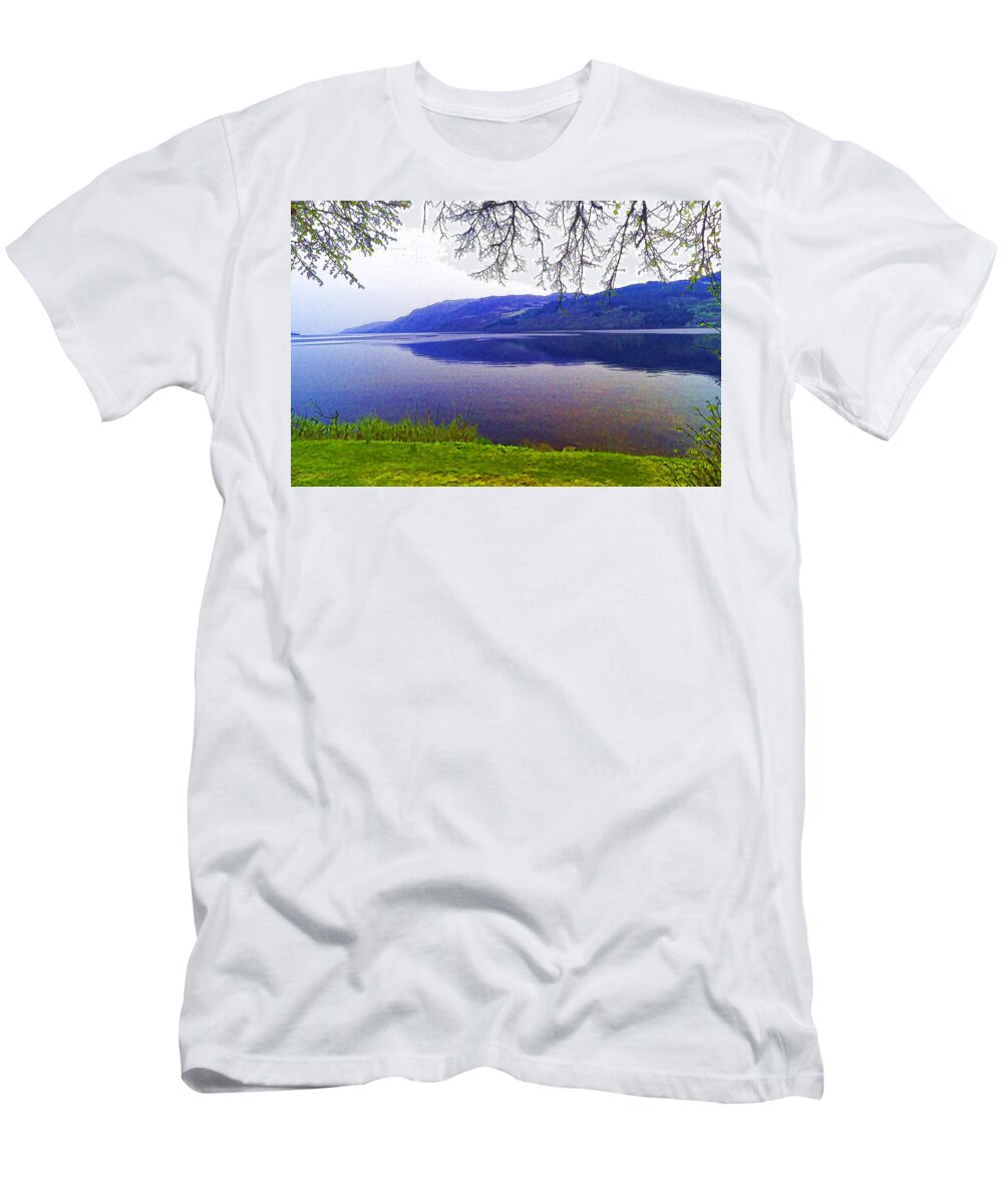 Grass T-Shirt featuring the photograph Frame of tree branches and shore displaying beauty of Loch #5 by Ashish Agarwal