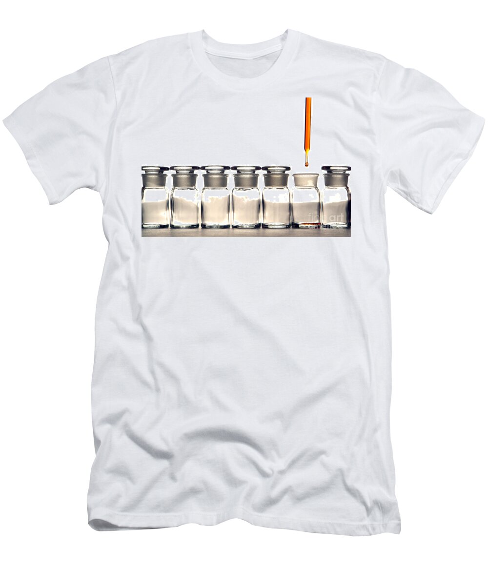 Bottles T-Shirt featuring the photograph Laboratory Experiment in Science Research Lab by Science Research Lab By Olivier Le Queinec
