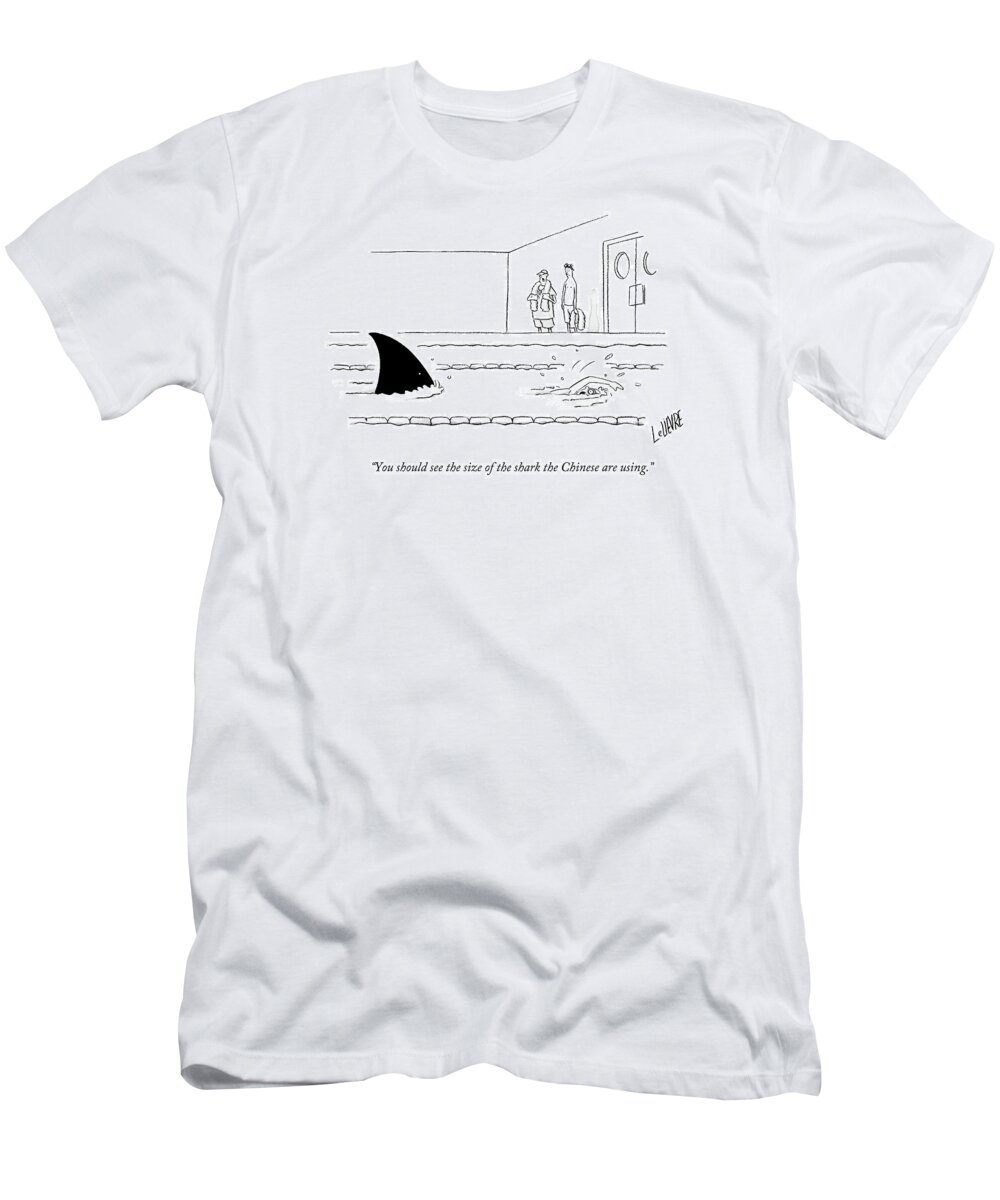 Swimming T-Shirt featuring the drawing You Should See The Size Of The Shark The Chinese by Glen Le Lievre