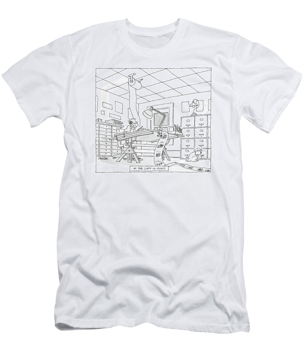 Art Inventions Interiors Word Play

(cartoonist Drawing Cartoons On One Continuous Roll Of Paper.) 122478 Jzi Jack Ziegler T-Shirt featuring the drawing At The Laff-a-minit by Jack Ziegler