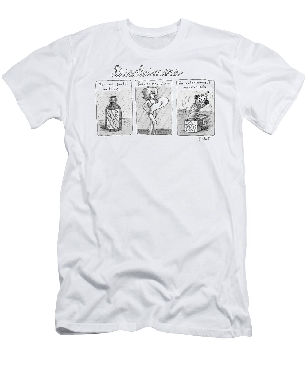 Title:  Sub-title: / / T-Shirt featuring the drawing A 3 Panel Cartoon Of Disclaimers Involving A Jar by Roz Chast