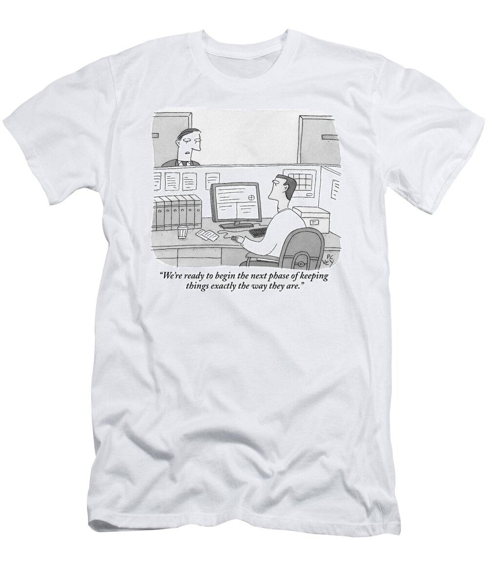 Office Workers T-Shirt featuring the drawing A Boss Speaks To His Employee Who Is Working by Peter C. Vey