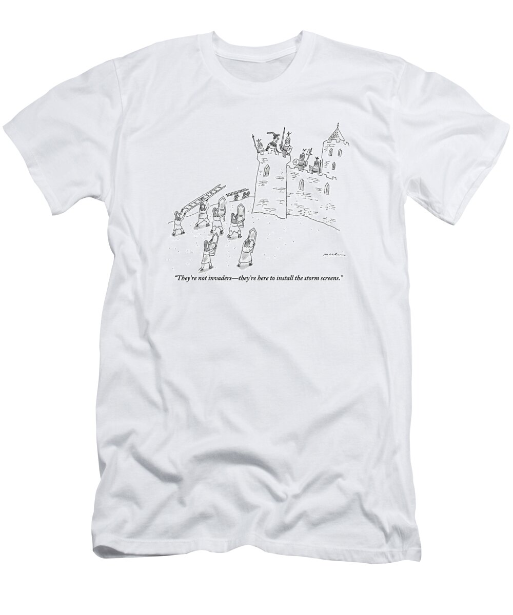 Windows T-Shirt featuring the drawing A Bunch Of Commoners File Toward A Castle by Michael Maslin
