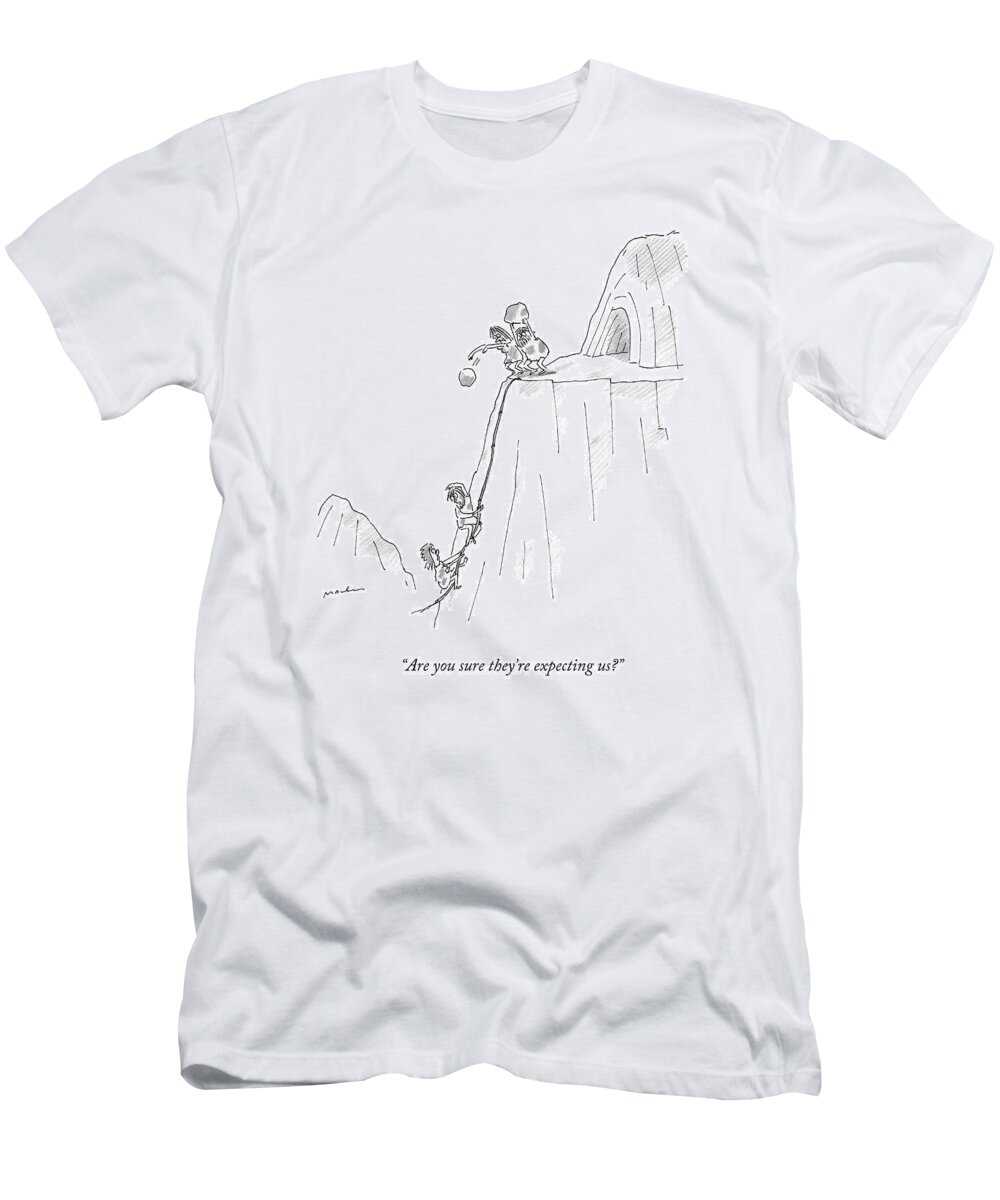 Dinner Parties T-Shirt featuring the drawing A Caveman And Woman Climb Up A Cliff by Michael Maslin