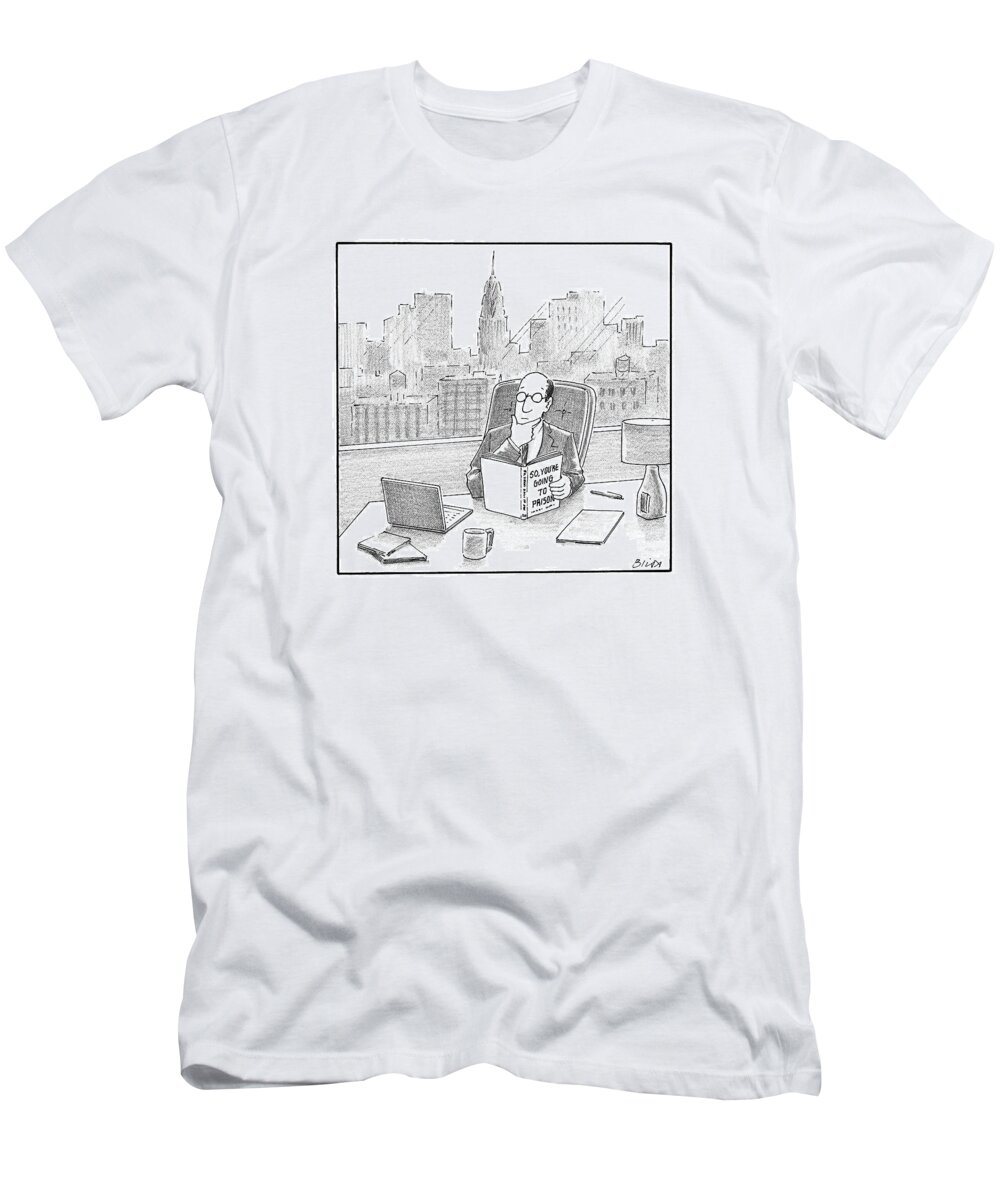 Captionless Business T-Shirt featuring the drawing A Ceo Reads A Book Called by Harry Bliss