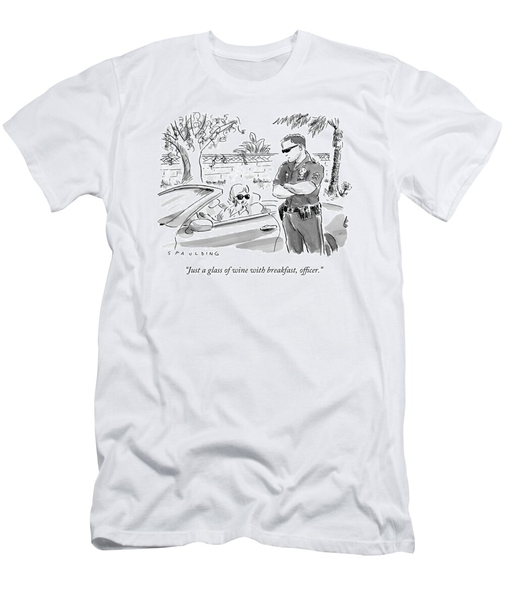Driving T-Shirt featuring the drawing A Cop Pulling Over A Pretty Blonde Woman by Trevor Spaulding