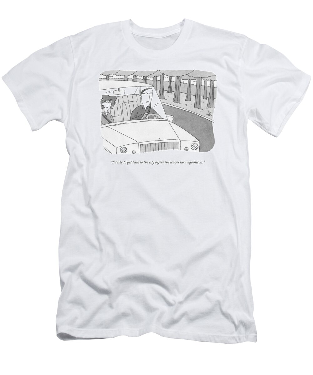 Forest T-Shirt featuring the drawing A Couple Drives Along A Forest Road by Peter C. Vey