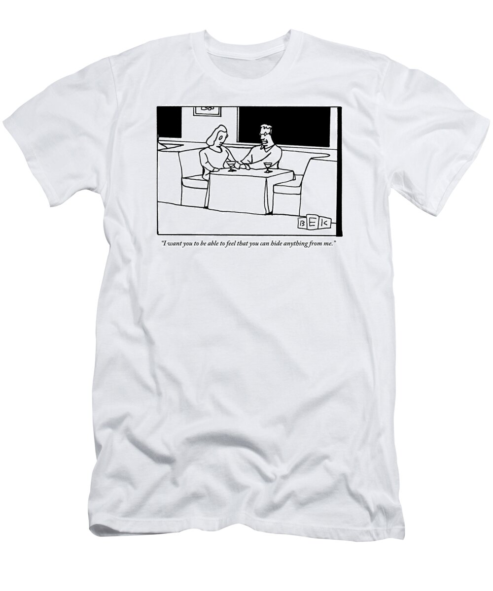 Secrets T-Shirt featuring the drawing A Couple Hold Hands On Top Of The Table by Bruce Eric Kaplan