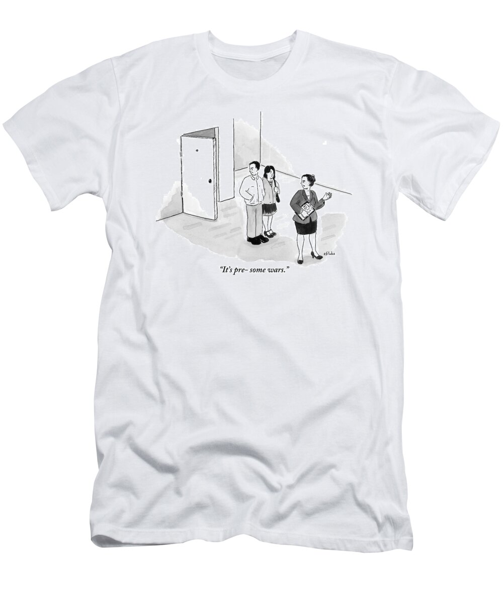 Apartments T-Shirt featuring the drawing A Couple Looks Disapprovingly At An Apartment by Emily Flake