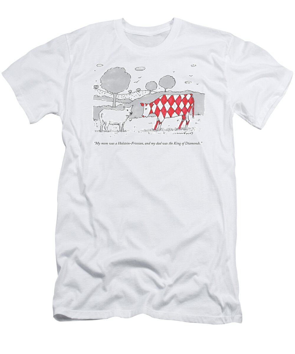 Cows T-Shirt featuring the drawing A Cow With A Red Diamond Spots Talks To Another by Michael Crawford