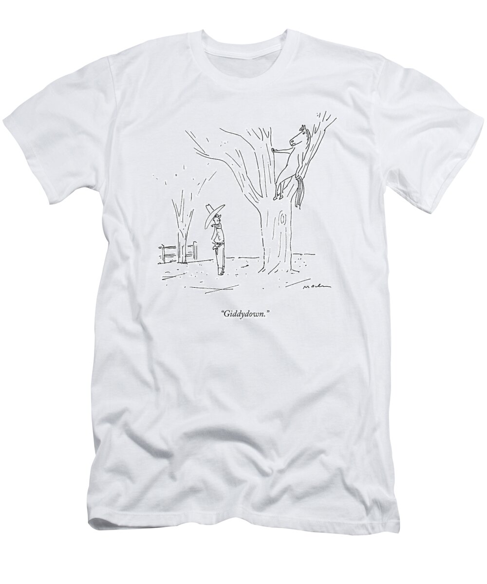 Horse T-Shirt featuring the drawing A Cowboy Talks To His Horse In A Tree by Michael Maslin