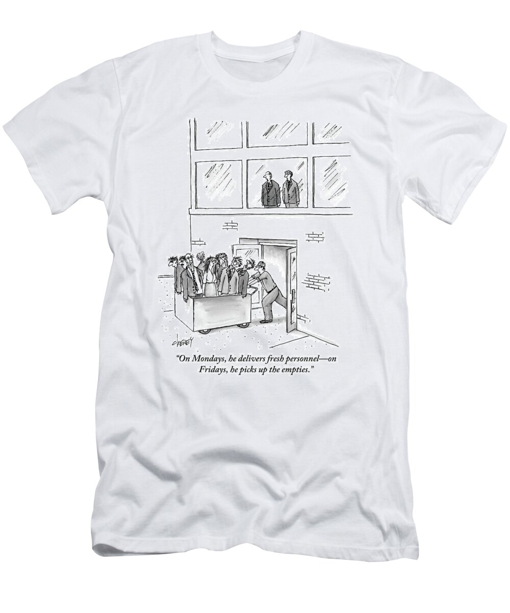 Workers T-Shirt featuring the drawing A Delivery Man Pushes A Cart Full Of Zombie-like by Tom Cheney