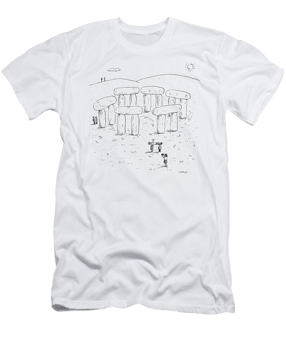 Stonehenge T-Shirt featuring the drawing A Family Is Visiting Stonehenge. The Mother Takes by David Sipress