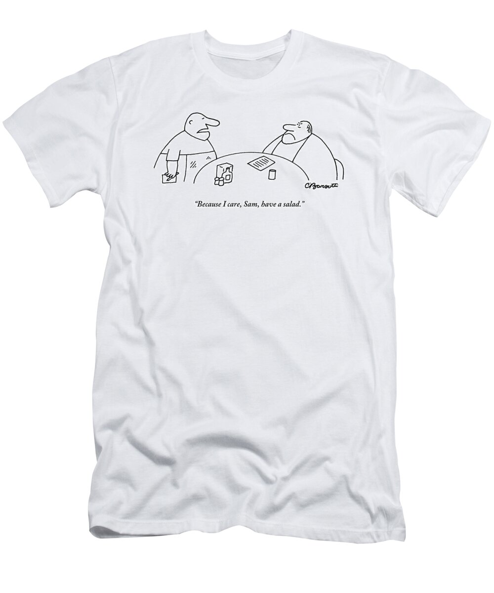 Food T-Shirt featuring the drawing A Fat Waiter Holding A Notepad Comes To Take by Charles Barsotti