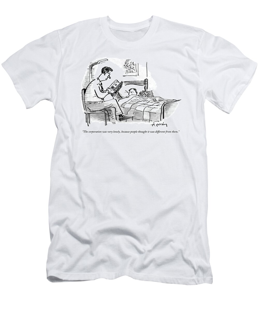 #condenastnewyorkercartoon T-Shirt featuring the drawing A Father Tucks His Son Into Bed With A Bedtime by Mike Twohy