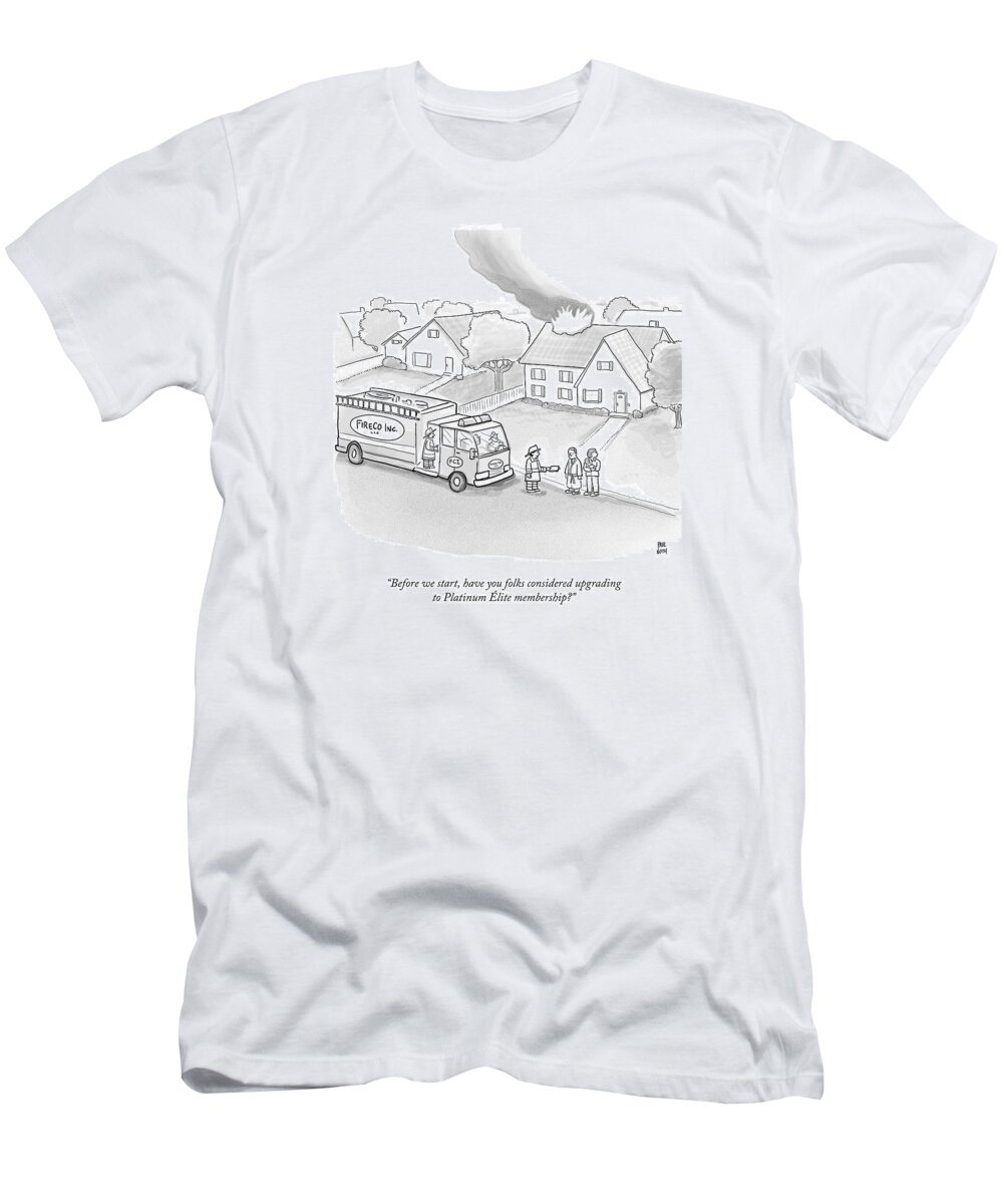 Firemen T-Shirt featuring the drawing A Fireman Talks To A Family While Their House by Paul Noth