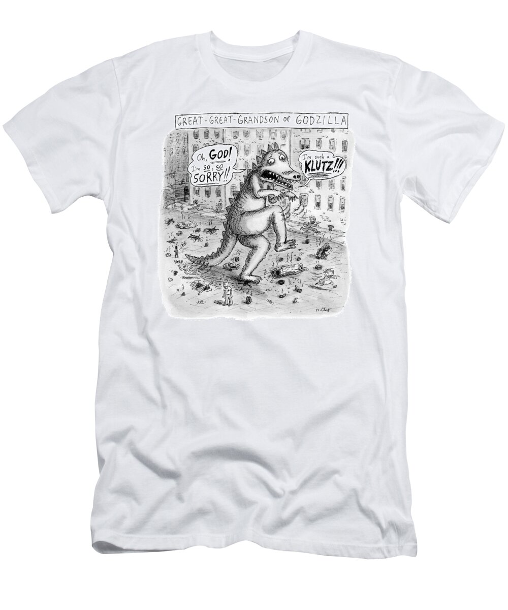 Monsters T-Shirt featuring the drawing A Godzilla Is Seen Tiptoeing Through A City by Roz Chast