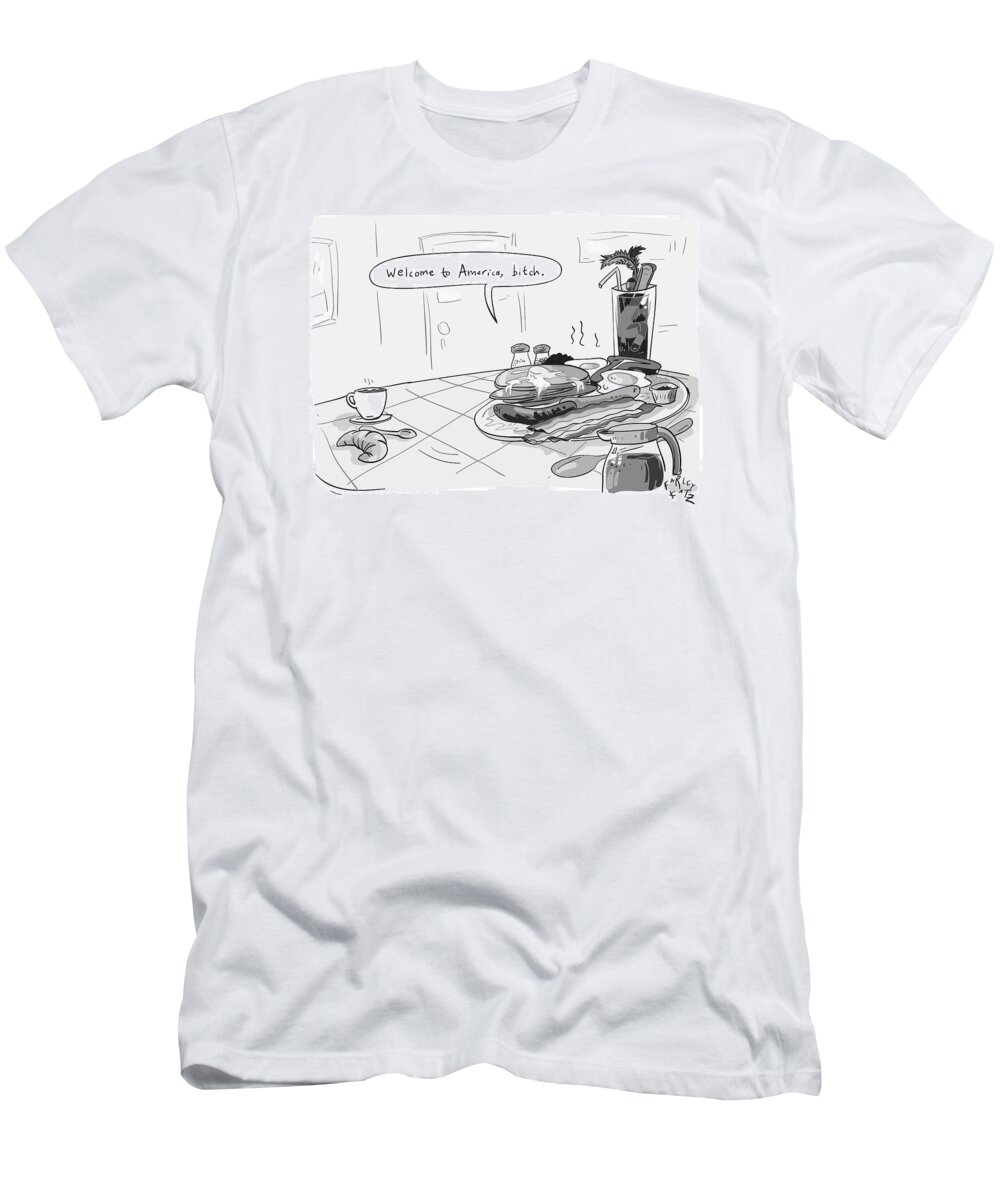 A Greasy Plate Of Pancakes T-Shirt featuring the drawing A Greasy Plate Of Pancakes by Farley Katz