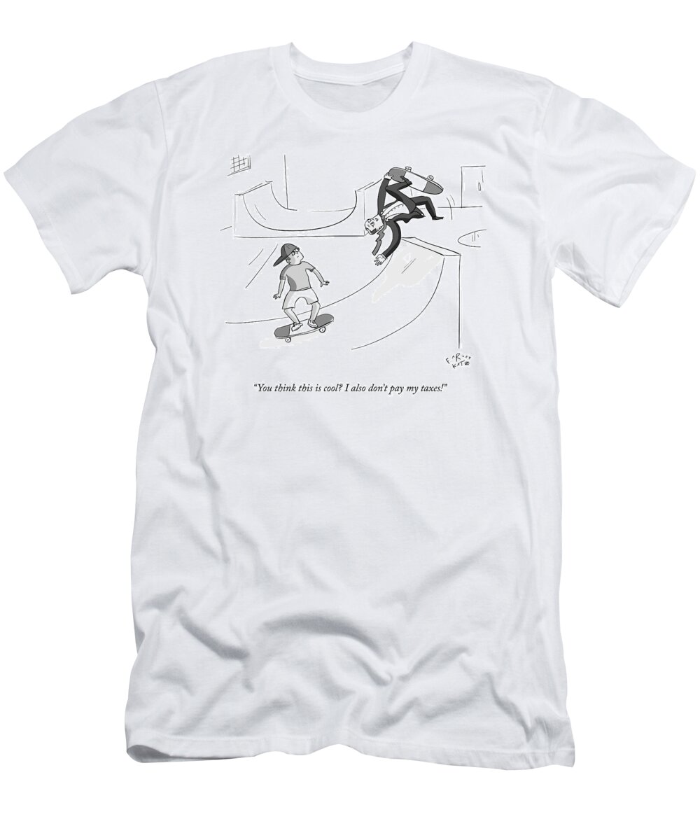 Skateboard T-Shirt featuring the drawing A Guy In A Suit Does A Flip On A Skateboard by Farley Katz
