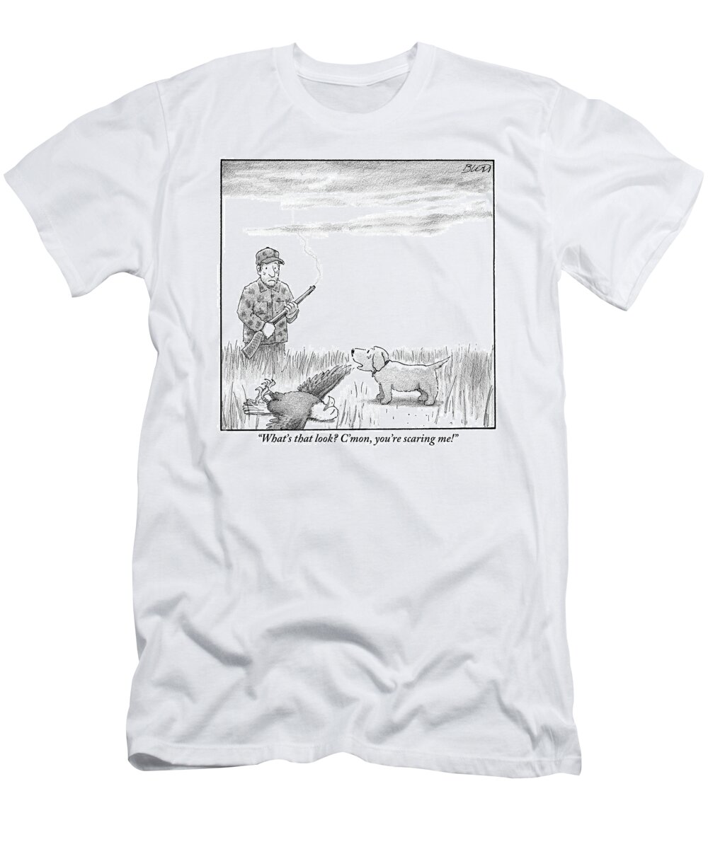 Hunters T-Shirt featuring the drawing A Hunting Dog Addresses His Master Who Looks by Harry Bliss