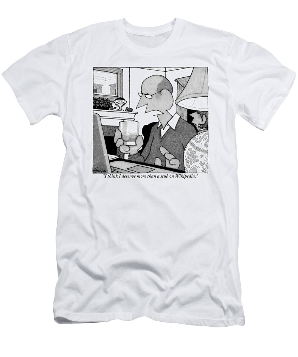 Internet T-Shirt featuring the drawing A Husband Online At His Home Computer Talks by William Haefeli