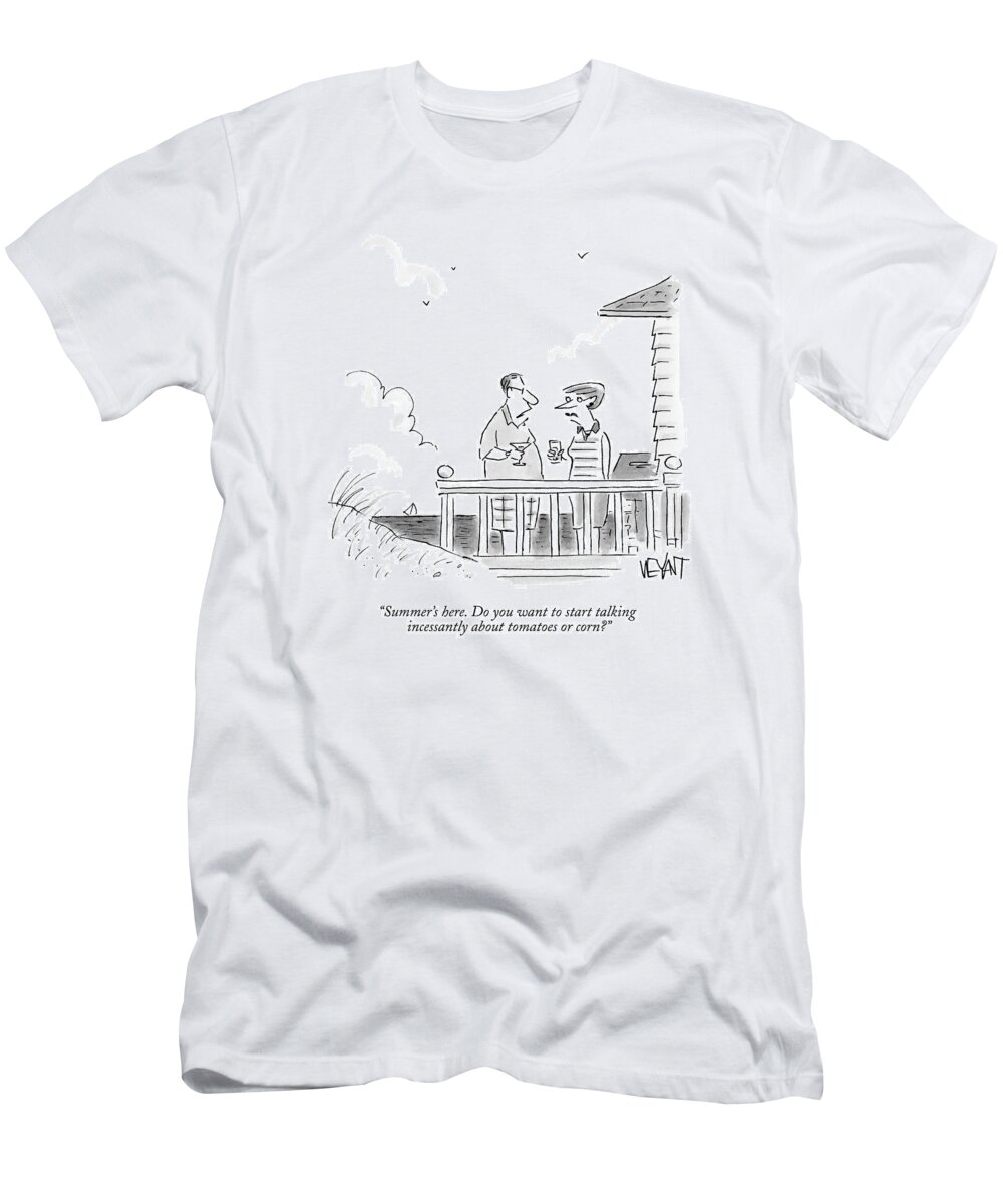 Couples T-Shirt featuring the drawing A Husband Talks To A Wife On A Porch Of A Beach by Christopher Weyant