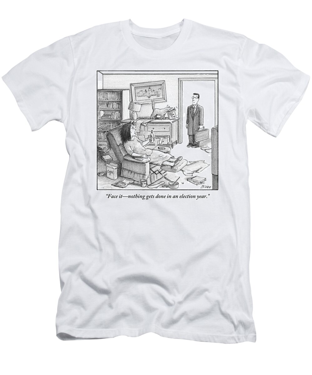 Politics T-Shirt featuring the drawing A Husband Walks Into A Trashed Room by Harry Bliss