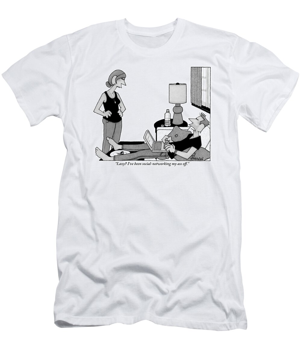 Couch T-Shirt featuring the drawing A Lazy Husband On A Couch Speaks by William Haefeli