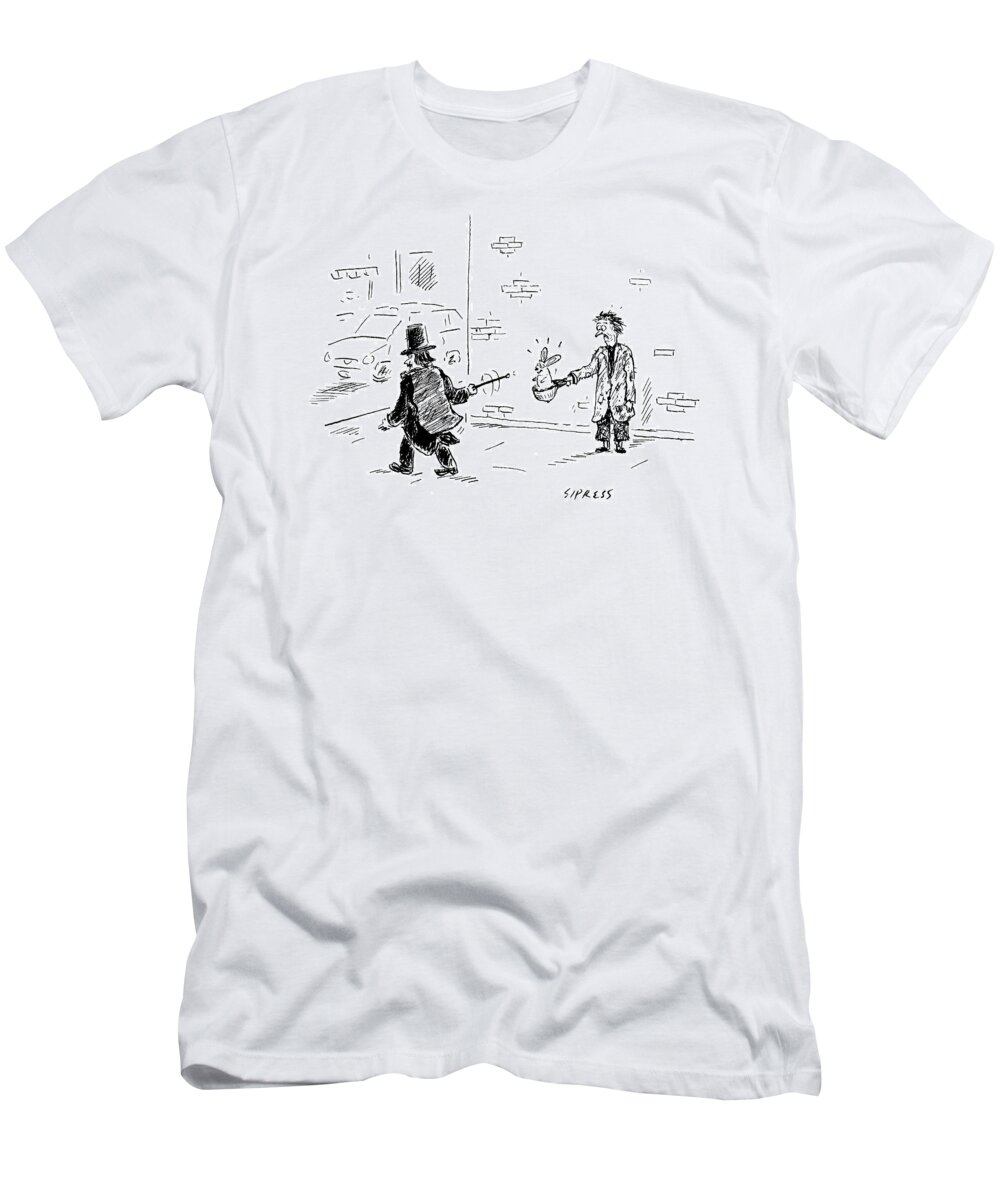 Magicians T-Shirt featuring the drawing A Magician Points His Wand At A Beggar's Hat by David Sipress