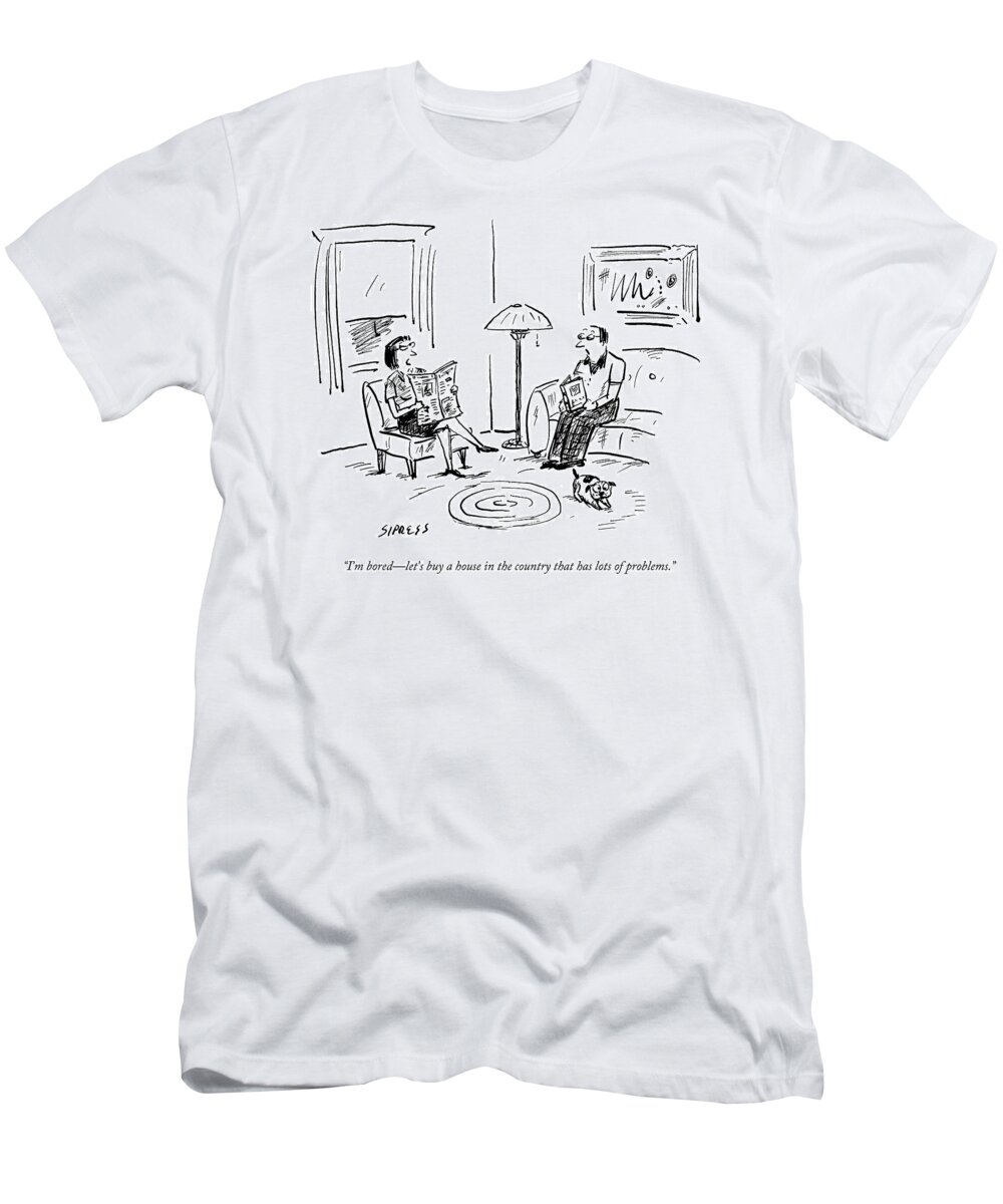 Flip T-Shirt featuring the drawing A Man And A Woman Talk In Their Living Room by David Sipress