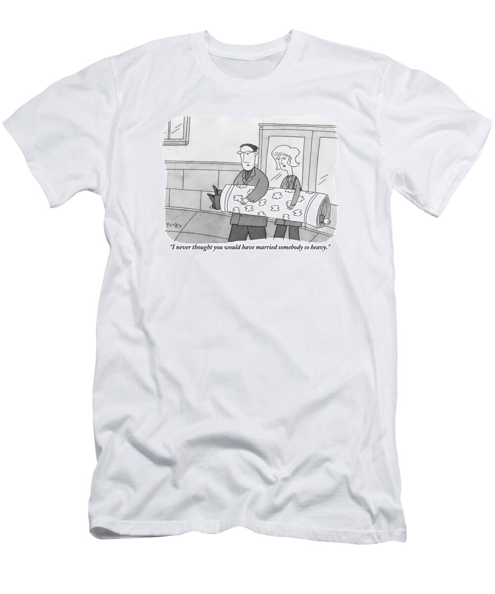 Rugs T-Shirt featuring the drawing A Man And Woman Are Seen Carrying A Rolled Up Rug by Peter C. Vey