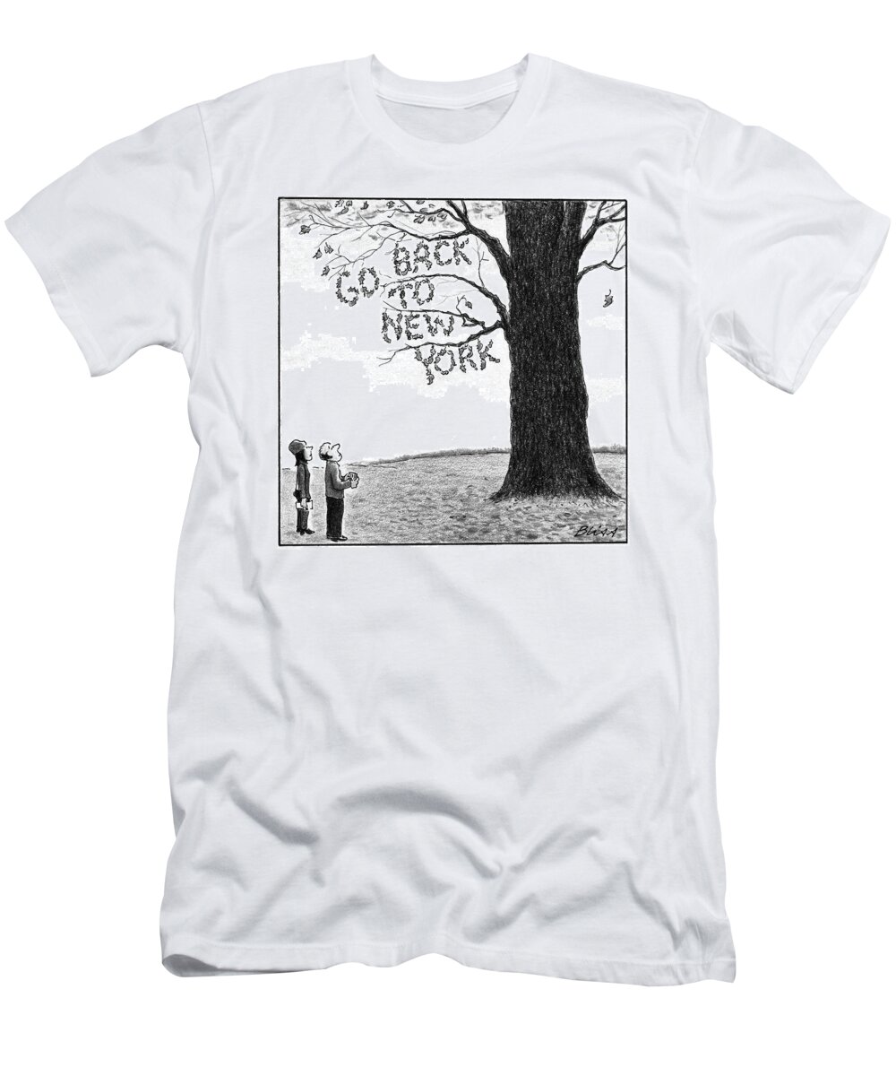 Leaves T-Shirt featuring the drawing A Man And Woman Look At A Single Tree In A Field by Harry Bliss