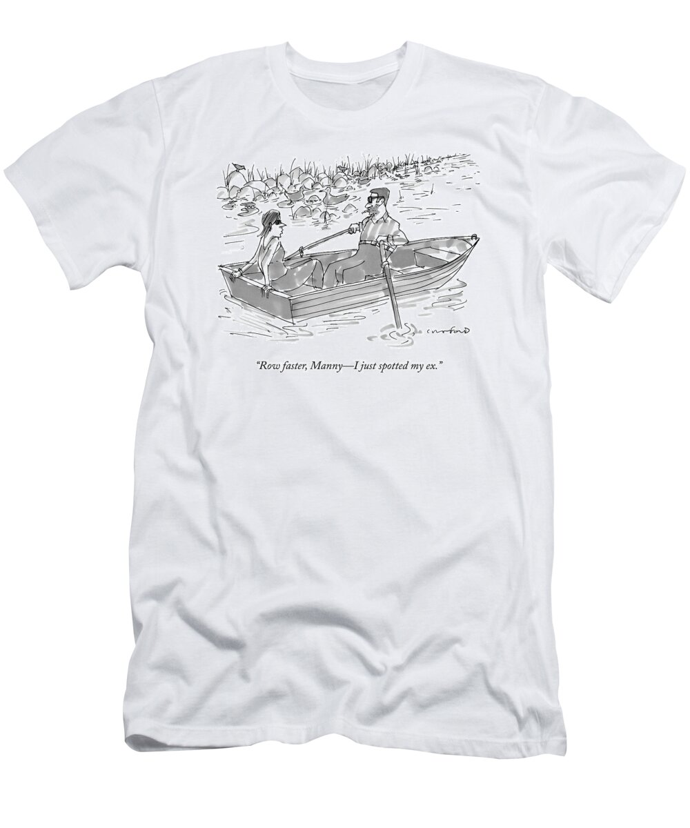 Stalker T-Shirt featuring the drawing A Man And Woman On A Row Boat Pass By A Man by Michael Crawford