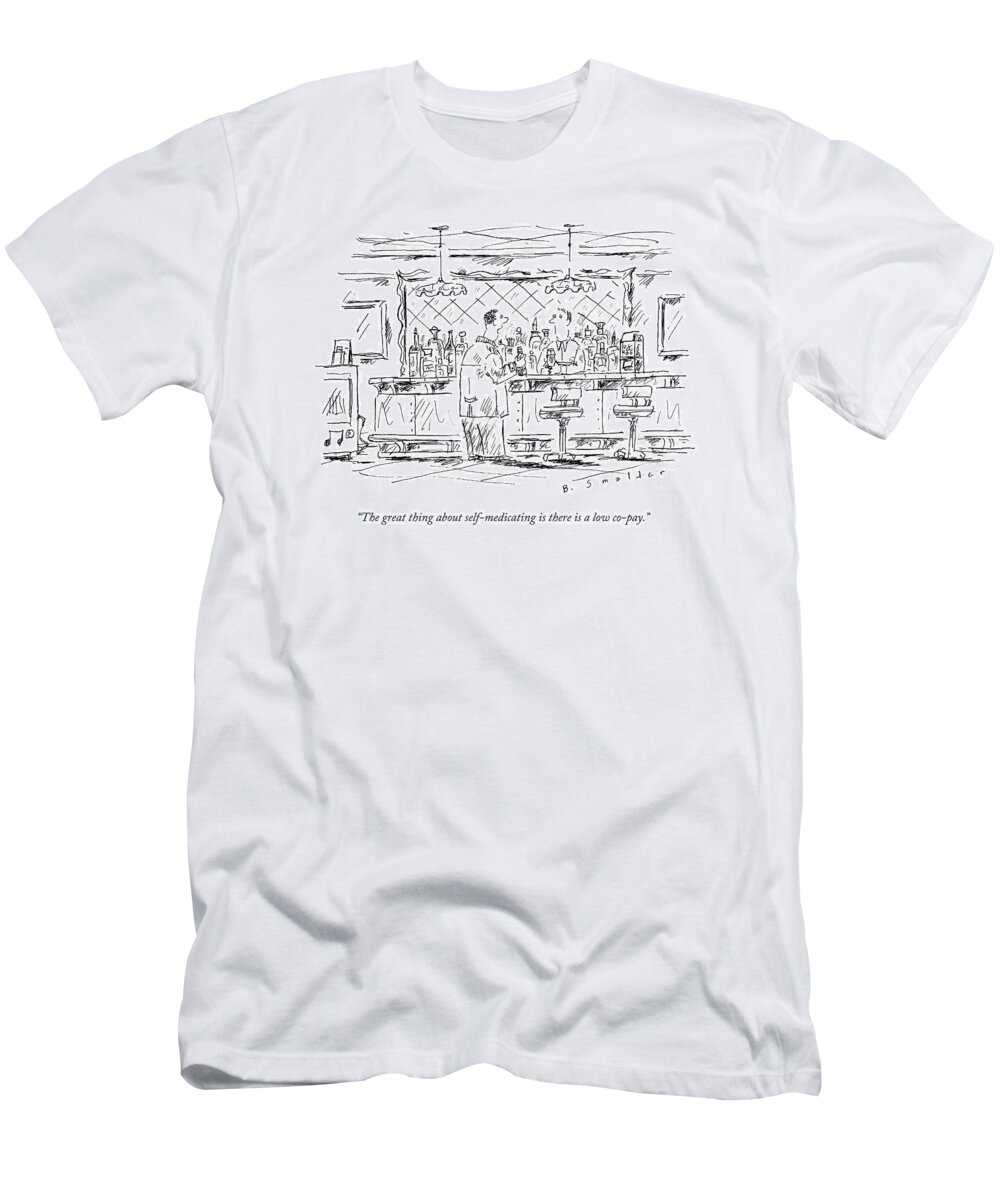 Drinking T-Shirt featuring the drawing A Man At A Bar Talking To The Bartender by Barbara Smaller