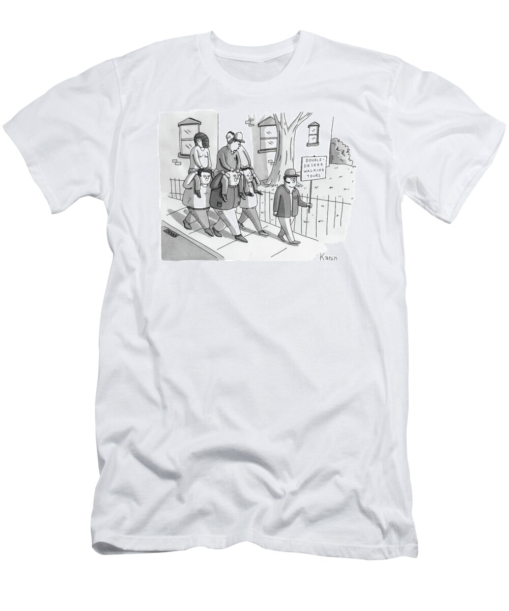 Piggy-back T-Shirt featuring the drawing A Man Carries A Sign That Reads Double-decker by Zachary Kanin