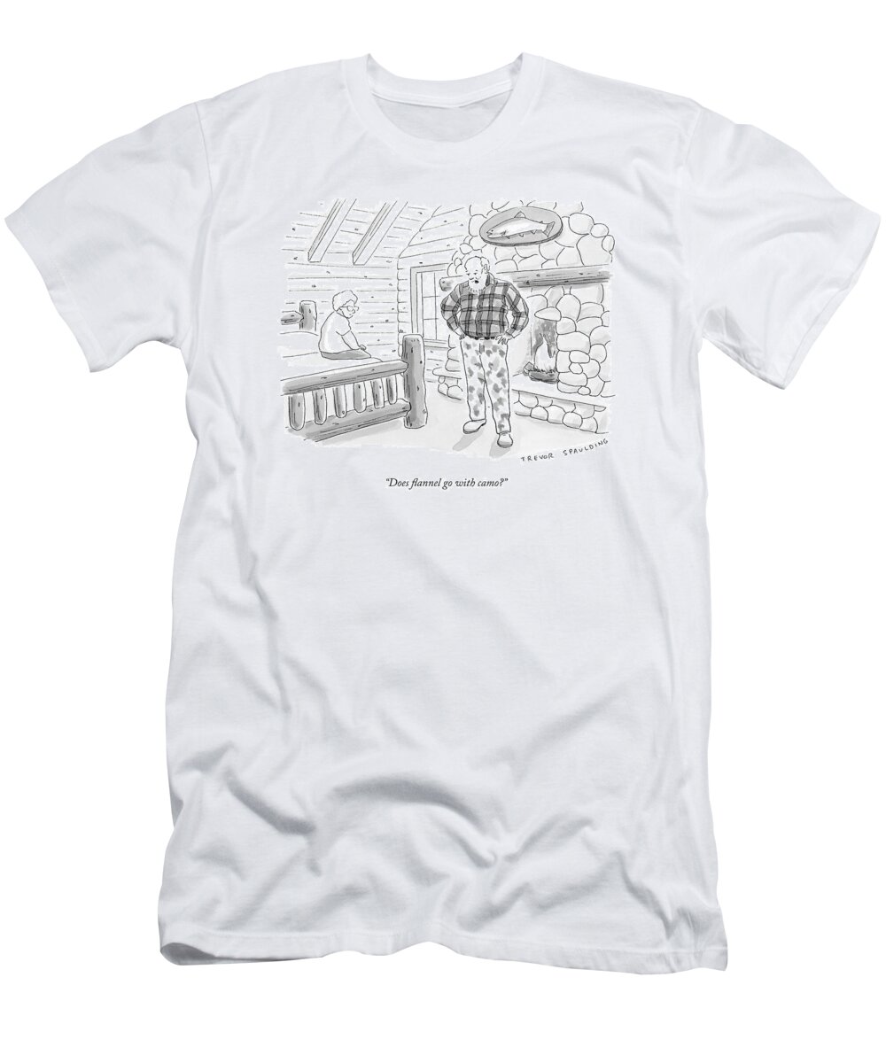 Log Cabin T-Shirt featuring the drawing A Man In A Log Cabin Wears A Flannel Shirt by Trevor Spaulding