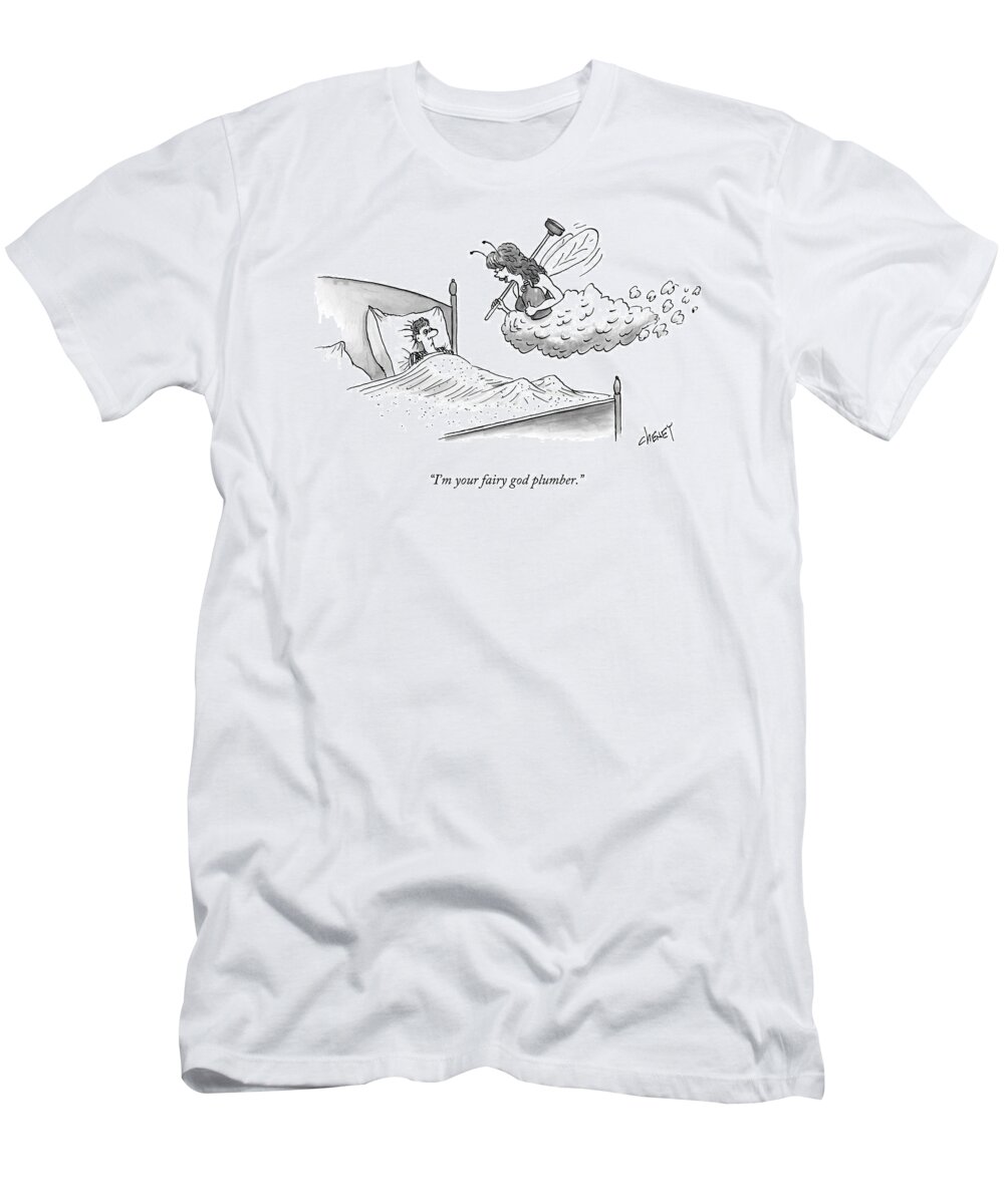 Fairy T-Shirt featuring the drawing A Man In Bed Sees A Tooth Fairy-like Figure by Tom Cheney