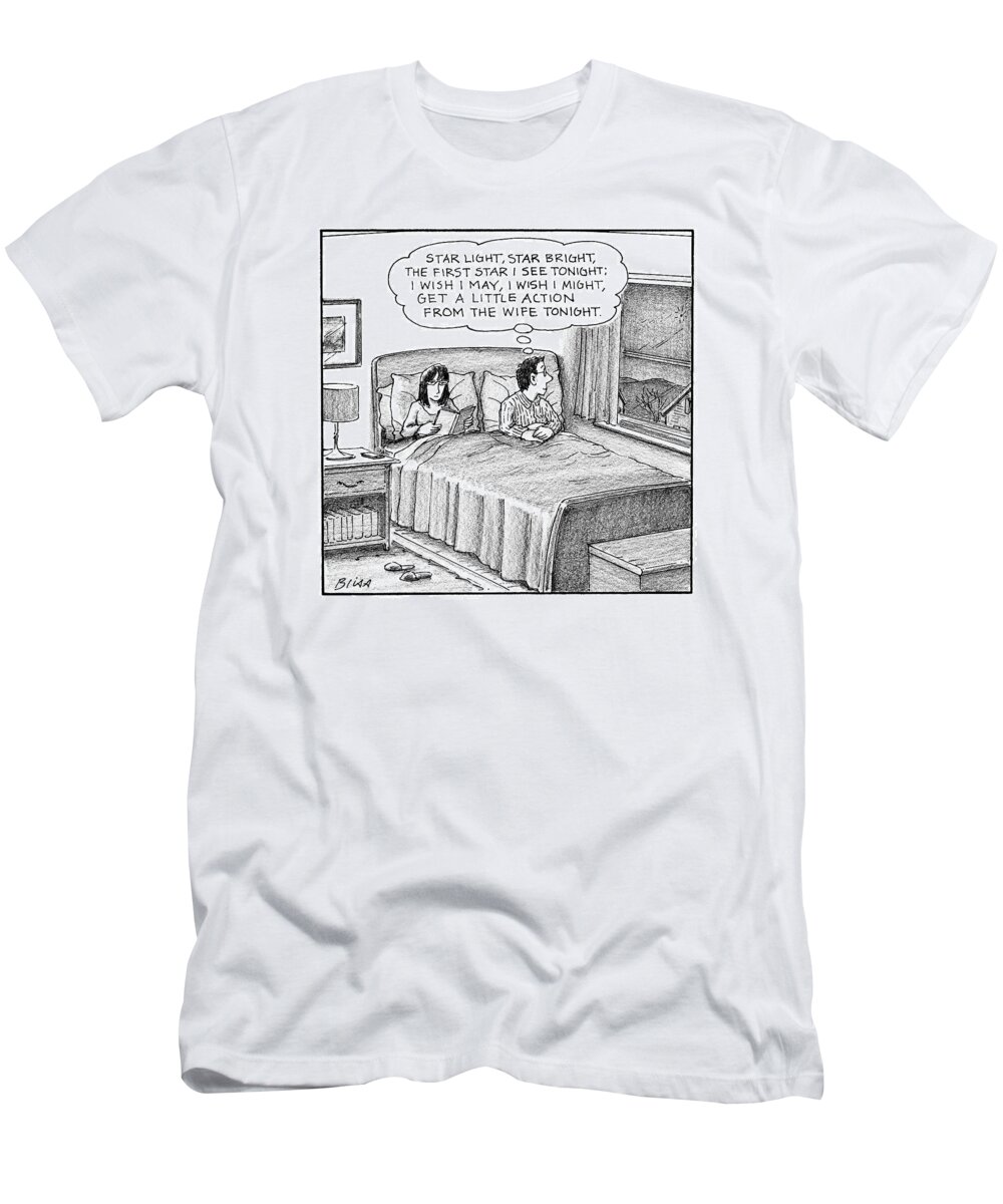 Captionless Marriage T-Shirt featuring the drawing A Man In Bed With His Wife Wishes Upon A Star by Harry Bliss