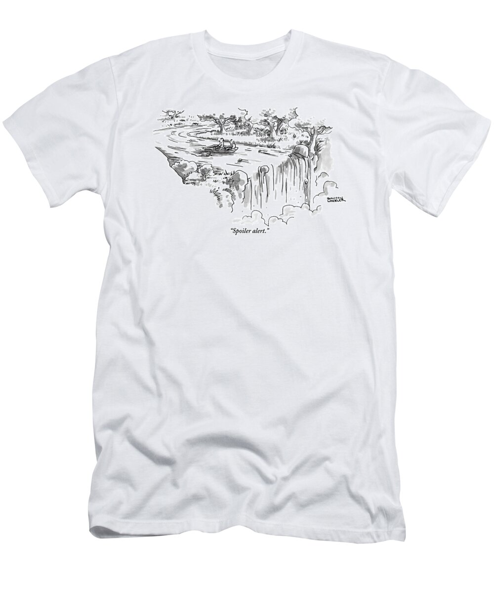 Waterfalls T-Shirt featuring the drawing A Man Paddles Backwards In A Small Boat by Shannon Wheeler