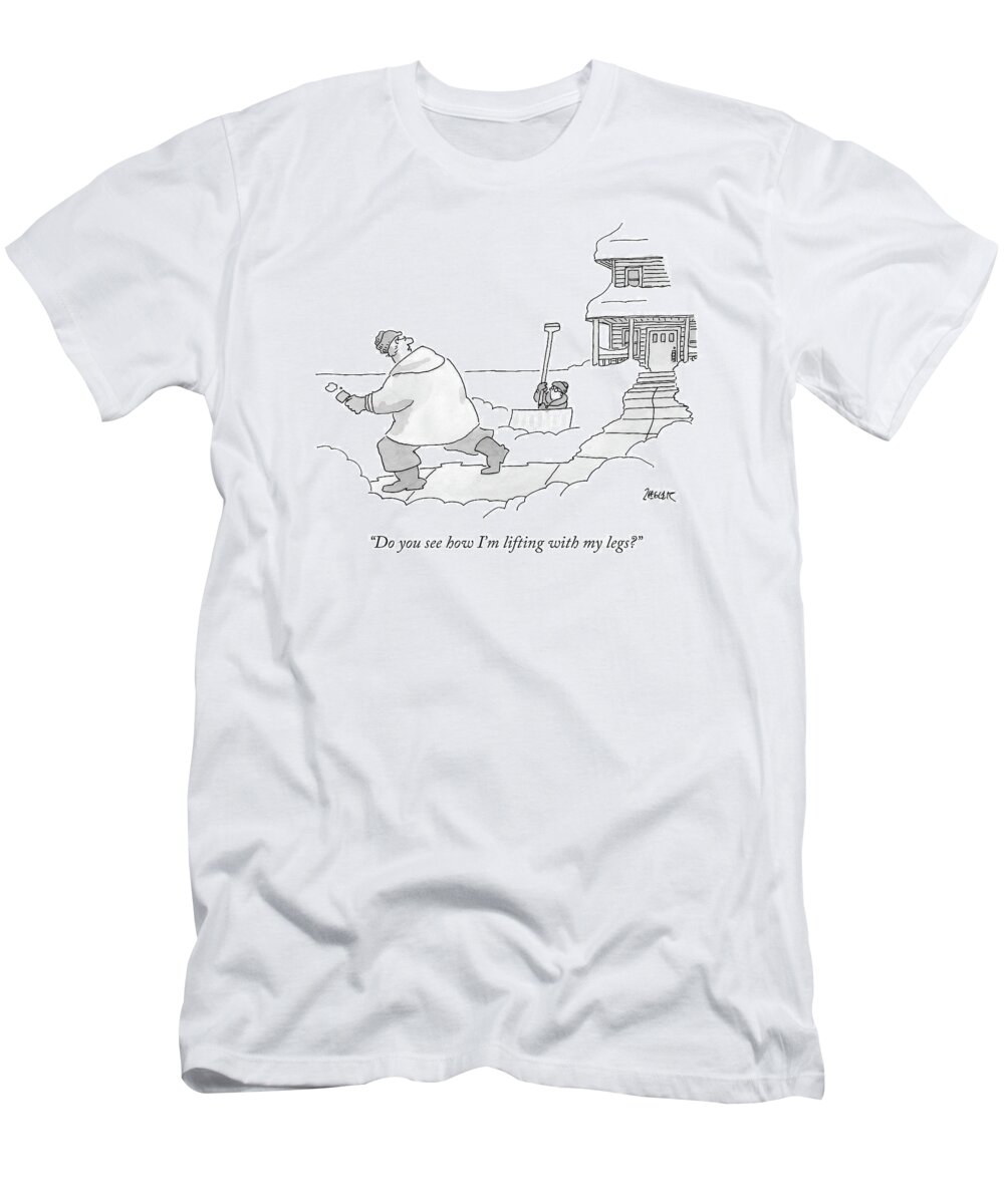 Cctk T-Shirt featuring the drawing A Man Shoveling Snow With A Tiny Shovel Looking by Jack Ziegler