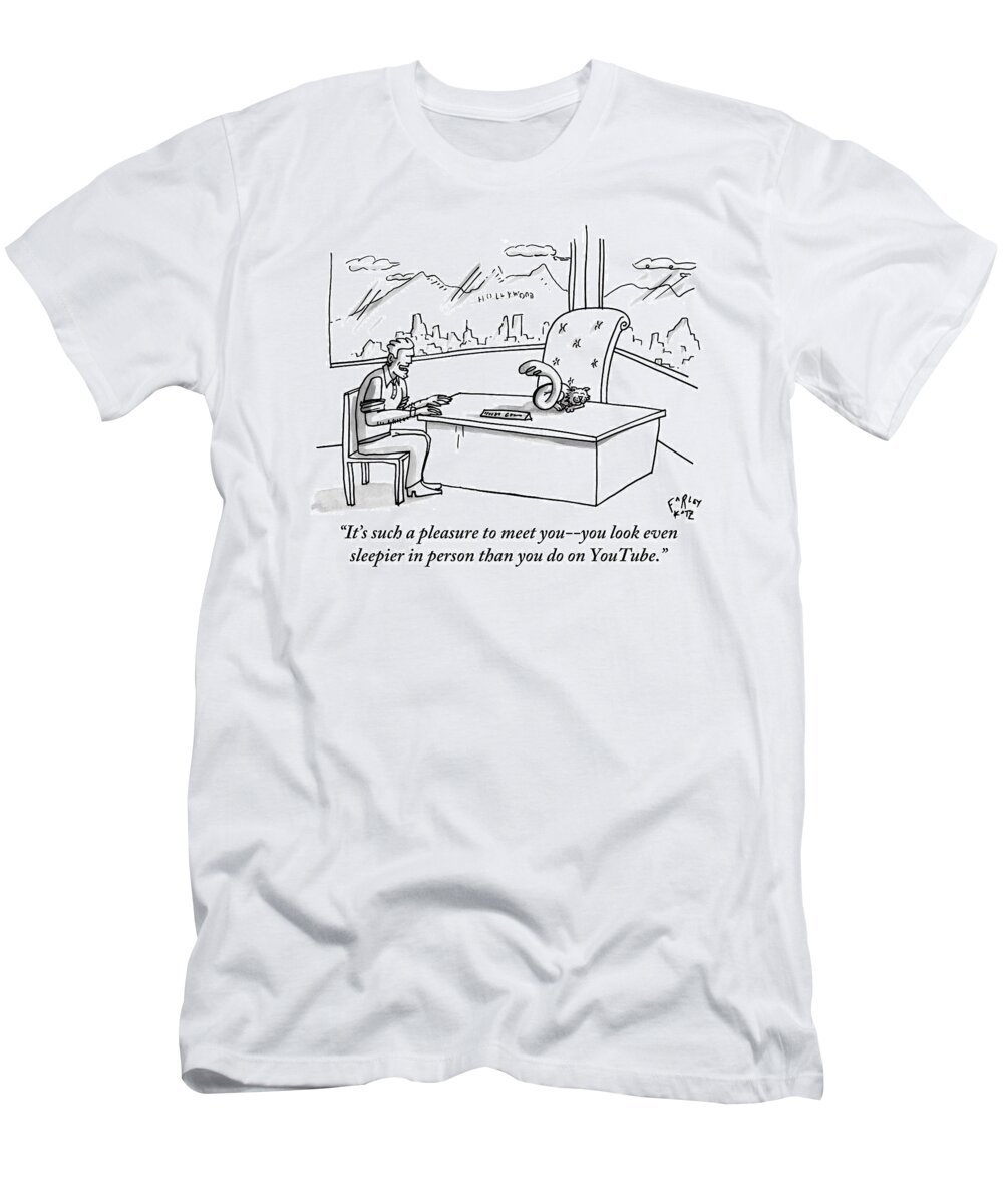 Cats T-Shirt featuring the drawing A Man Speaks To A Cat Who Is Asleep On A Desk by Farley Katz