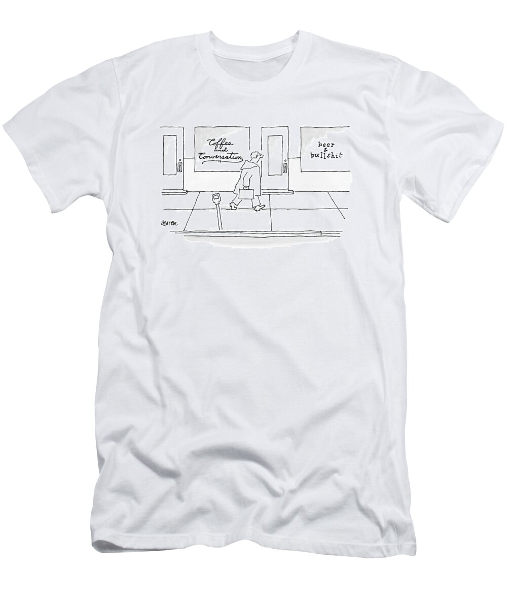 Coffee T-Shirt featuring the drawing A Man Walks Past Two Shops by Jack Ziegler