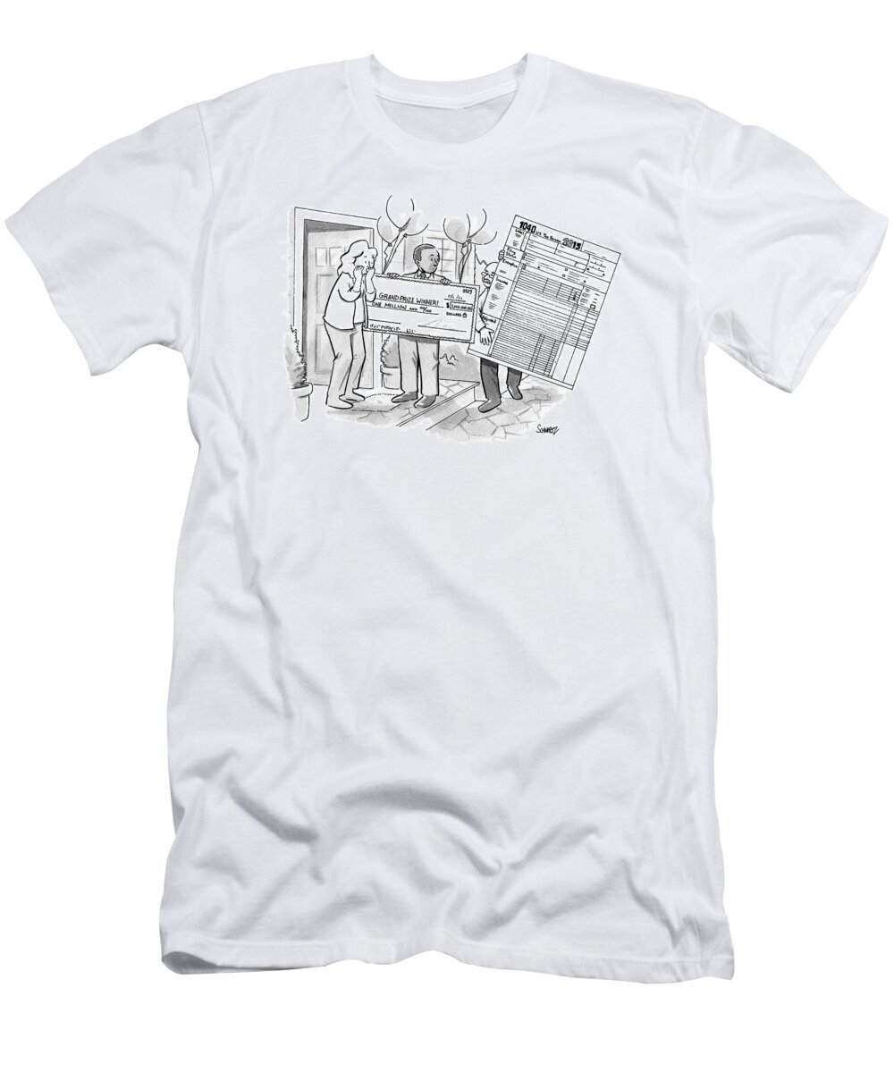 Taxes T-Shirt featuring the drawing A Man With A Giant Sweepstakes Check by Benjamin Schwartz