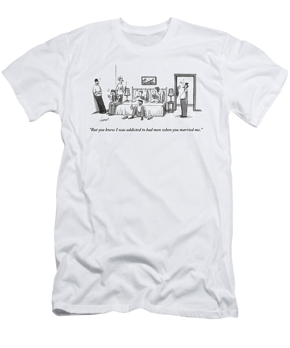 Marriage T-Shirt featuring the drawing A Married Couple Sits In Bed. The Husband by Tom Cheney
